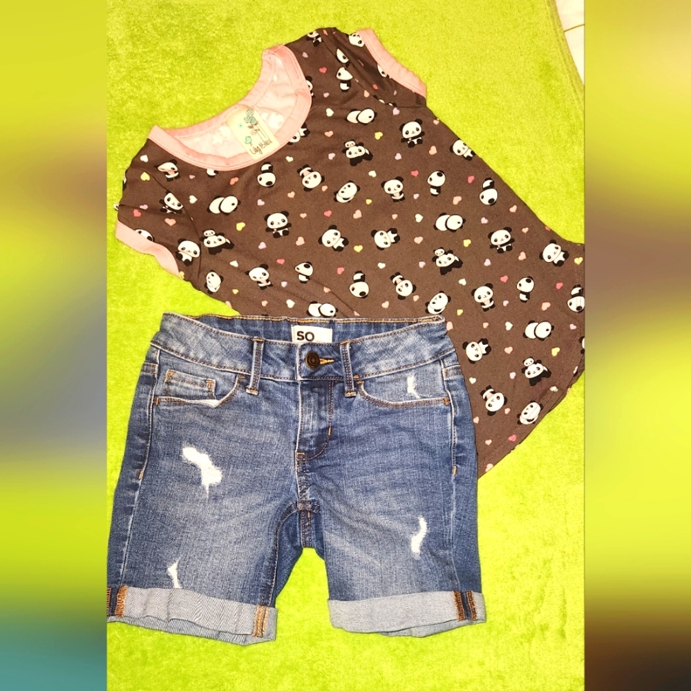 2pc set of Pink and brown Panda print top Very soft & Denim Jean Bermuda Shorts